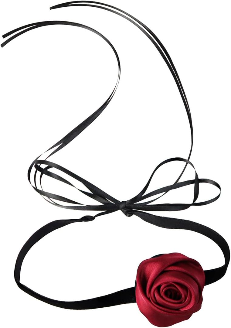 Black Choker Camellia Flower Lace-up Necklace For Women (Black Ribbon Rose)