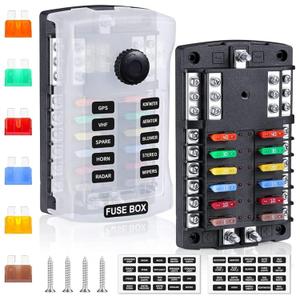300A 12 Way Blade Fuse Block Fuse Box, ATC/ATO Fuse Holder Panel with LED Indicator & Protection Cover & 24 Fuses & 2 Stickers, for 12V/24V Car Truck Boat Marine