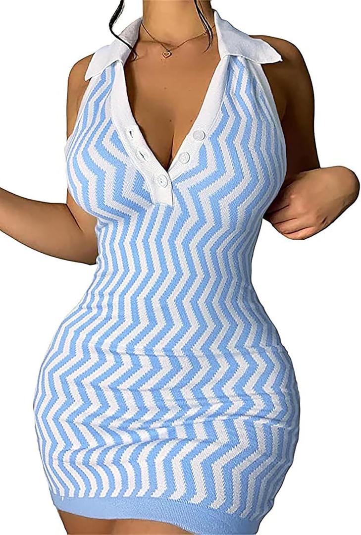 Ryehack Womens Summer Halter Dress Backless Sundress Striped V Neck Bodycon Mini Beach Dress Y2k Sexy Casual Tank Dress (Large, Blue)