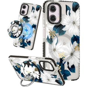 Lotadilo Cute Case for Moto G Power 5G 2024 for Women Girls - Funny Blue Flower Design Compatible with Magsafe Ring Holder Magnetic Stand Kickstand Fashion TPU Phone Covers Kawaii