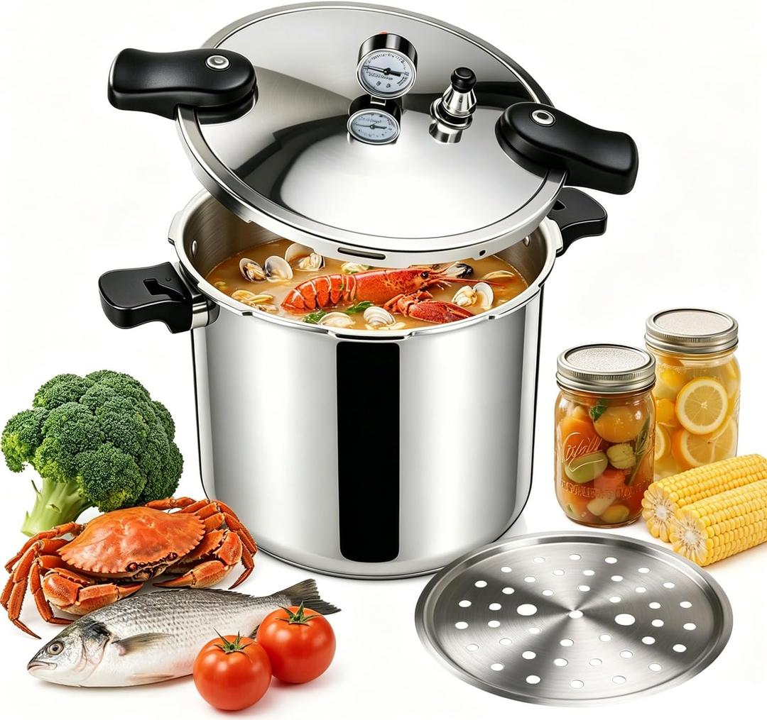 23-24QT Aluminum Pressure Cooker with Pressure Gauge, Heavy-Duty Large Capacity Pressure Canner for Restaurant, Catering, Canteen & Bulk Food Cooking, Compatible with Gas & Induction Stoves