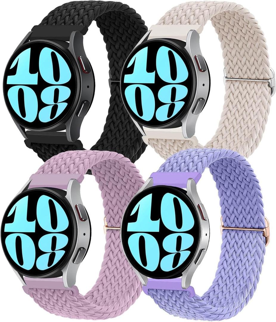 20mm Braided Elastic Bands for Samsung Galaxy Watch 7/FE/6/6 Classic 40mm 44mm 43mm 47mm 42mm 46mm Solo Loop Band, Adjustable Stretchy Nylon Fabric Sport Wristbands for Samsung Watch 7/6/5/4 (Black/Starlight/Lilac/Lavender)