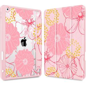 May Chen for iPad 9th Generation with Pencil Holder, iPad 8th/7th Gen Case 10.2-inch, [Penceil Holder] Trifold Stand Auto Wake/Sleep Clear TPU Protection Back Cover, Pink Flowers