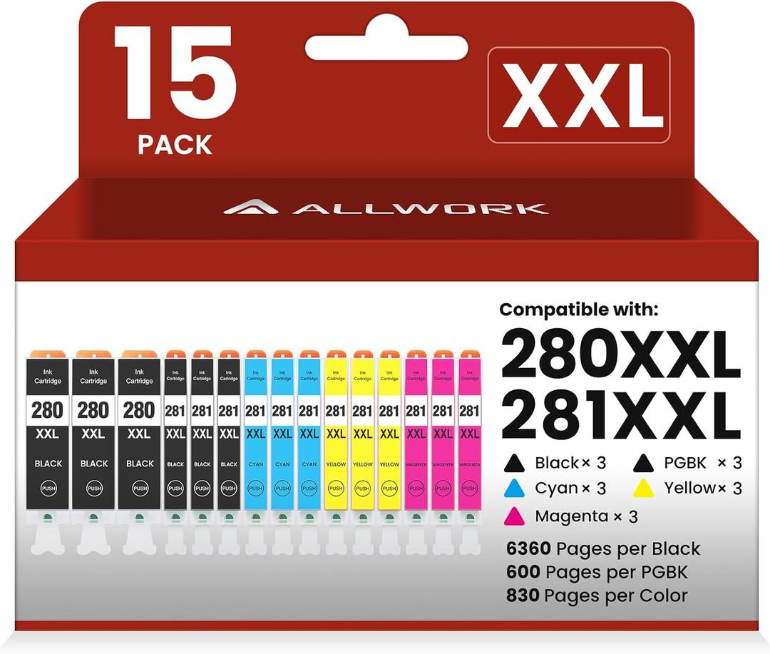 ALLWORK 280XXL 281XXL Compatible for Canon 280 281 TR8620a Ink Cartridges PGI-280XXL CLI-281XXL 280 XXL 281 XXL to use with TR8620 TS7520 TS9520 TS9521C TR8520 TS6220 TS6320 TS8220 (15 Packs)