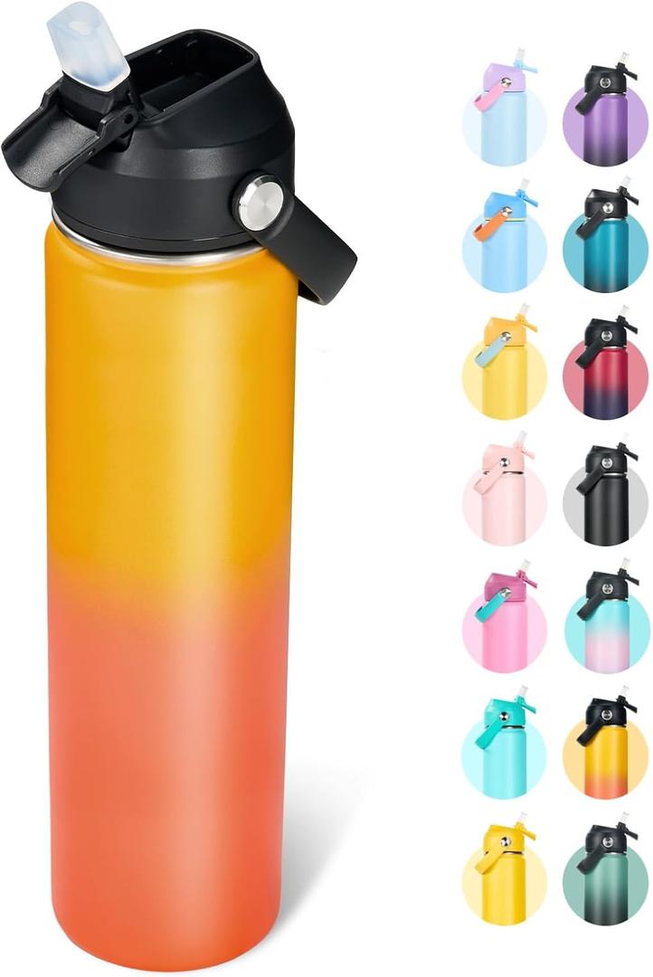 Fijinhom 24oz Insulated Stainless Steel Water Bottle, Wide Mouth Double Wall Vacuum, Silicone Straw, Sweat & Leak Proof, BPA Free Insulated Water Flask for Travel, Keep Cold 24h Hot 12h, Orange
