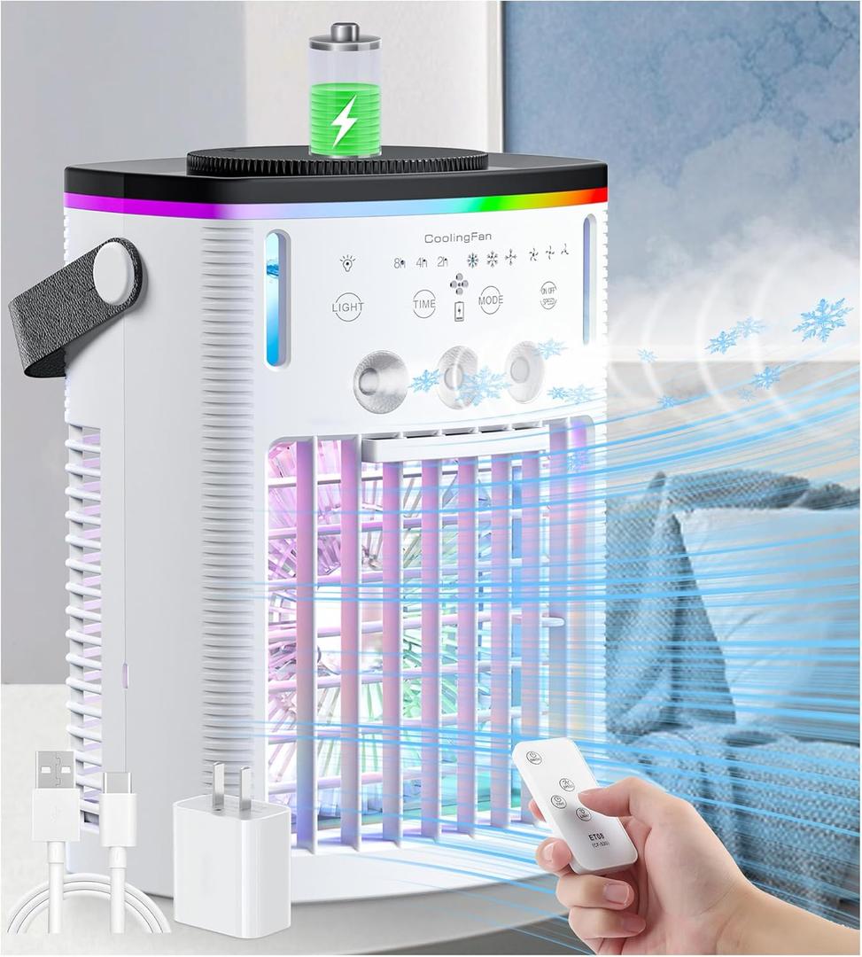 Battery Powered Air Conditioner 6000mAh,Rechargeable Small Air Conditioner for Room,Personal Air Cooler with Mist,Timer,Light,Portable Mini AC Unit Cooling Fan for Camping,Tent,Car,Desktop,Bedroom