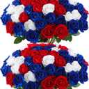 Hananona 50 Pcs Artificial Roses in Bulk, Fake Velvet Silk Roses Realistic Roses for 4th of July Wedding Centerpieces Independence Day Patriotic Flower Arrangement Home Decor (50, Red, White, Blue)