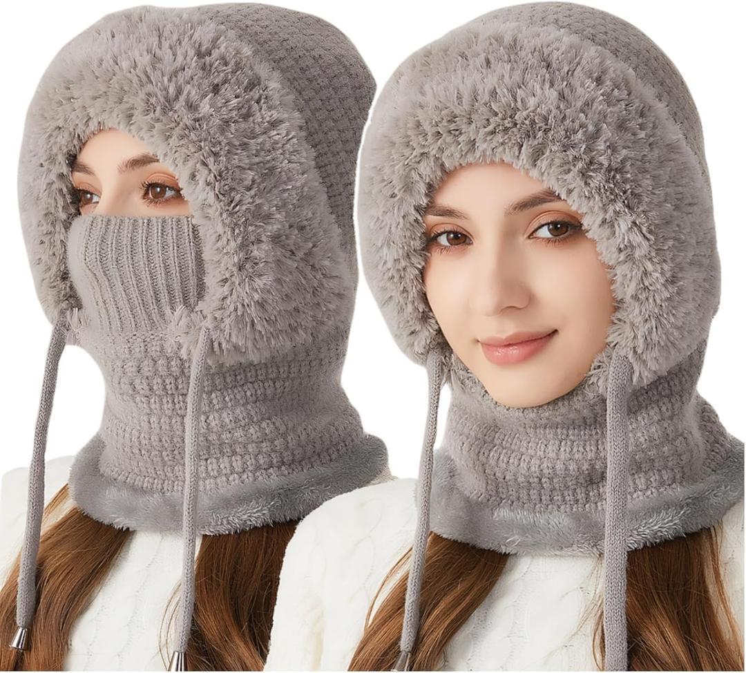 3 in 1 Beanie Hat with Scarf and Mask for Women - Winter Warm Windproof Balaclava, Fleece Lined Ski Mask Set (Gray)
