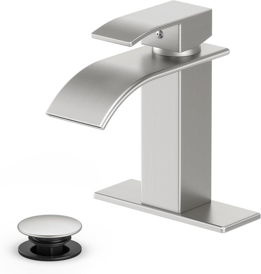 Waterfall Bathroom Faucet,Brushed Nickel Stainless Steel, 1-Handle | Modern Bathroom Sink Faucet for RV & Outdoor Basins, Pop-Up Drain, Supply Lines, 6-in Deck Plate, 1- or 3-Hole, NSF Certified (Brushed Nickel)