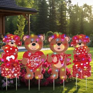 Bencailor 4 Pcs Valentine's Day Outdoor Decorations Valentine's Day Bear Yard Signs Stakes with LED Light Love Bear Heart Rose Lawn Decor for Holiday Lawn Patio Party Wedding Anniversary Decor