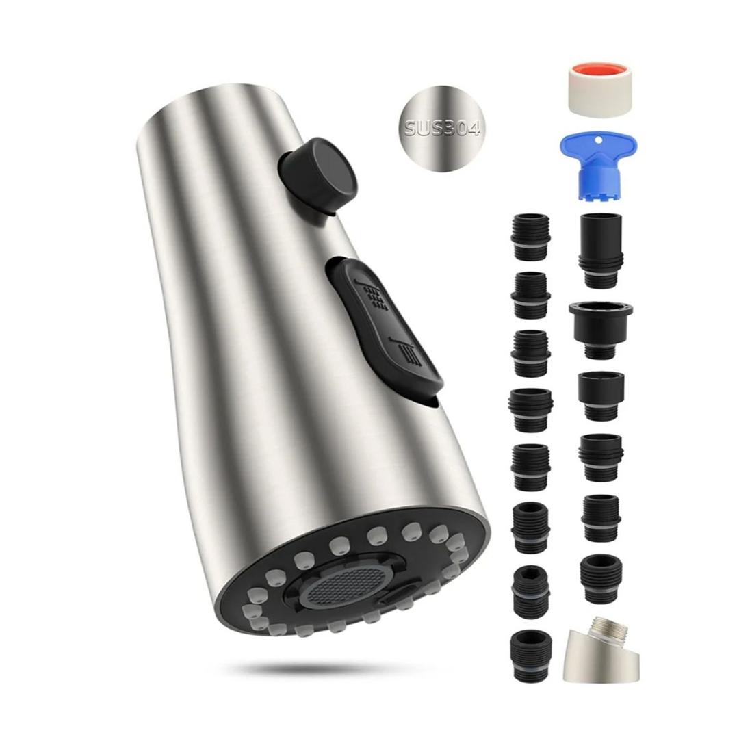 Stainless Steel Pull Down Spray Head Replacement with 15 Adapters, NSF/ANSI/CAN 61 & CUPC Certified 3-Function Kitchen Faucet Nozzle, Compatible with Moen, Delta, Kohler Faucet, Brushed Nickel