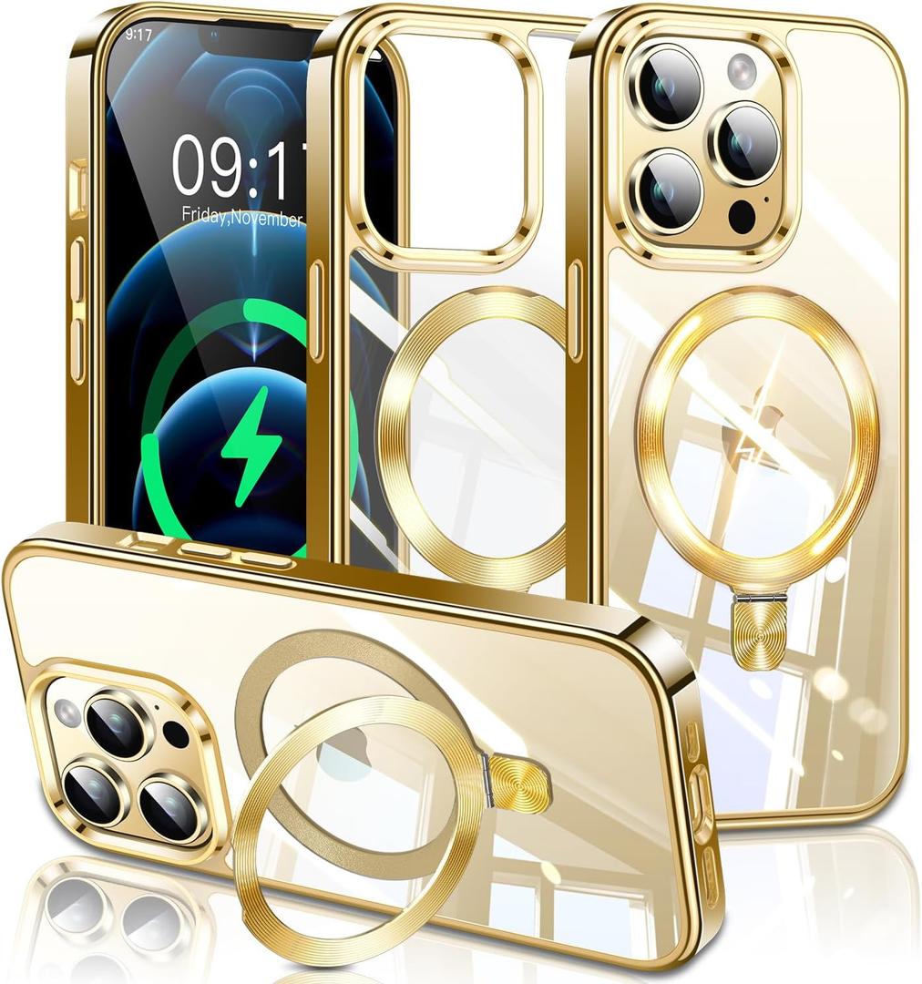 ESTPEAK Titanium Gold CD Mag-Stand Case for iPhone 12 Pro Max Case with Invisible Magnetic Ring, [Fit for MagSafe] [Never Yellowing] Top Clear Phone Case Cover for iPhone 12 Promax 6.7"