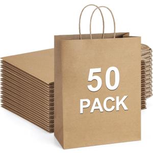 BagDream Gift Bags 10x5x13 50Pcs Brown Kraft Paper Gift Bags with Handles Bulk for Shopping, Merchandise, Retail, Grocery, Party Favor, Recycled Paper Sacks