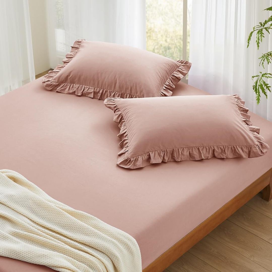 Entisn Pure Cotton Ruffle Fitted Sheet and Pillowcase Set of 2, 400 Thread Count Twin Cotton Fitted Sheet Set, Fits Mattress Up to 15 Inch Deep, Fully Elastic Breathable Bottom Sheets (Dusty Pink)
