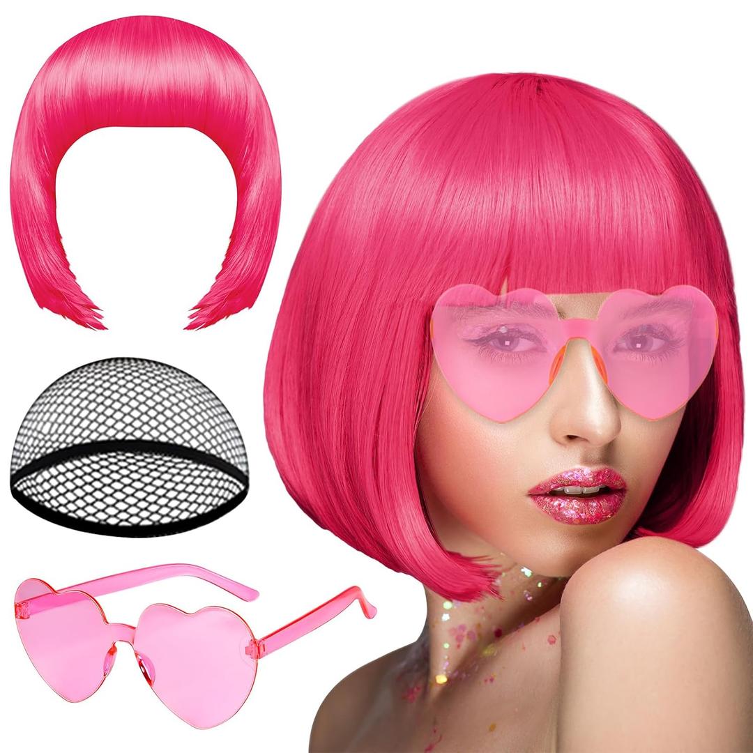 PLULON Peach Pink Bob Wig and Sunglass Set, Neon Short Bob Wig Sunglass Pack Costume Colorful Cosplay Wig Hairpieces for Bachelorette Neon Party Favors, Halloween Decorations