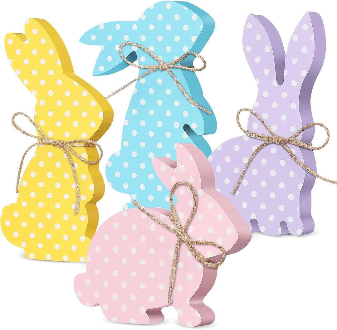 4 Pcs Easter Bunny Table Decor Bunny Table Wooden Signs with Rope Farmhouse Spring Rabbit Decoration Tiered Tray Decor for Easter R Party Home Shelf Mantel(Macaron Dots)