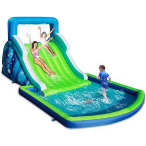 Action Air Inflatable Water Slide, Huge Blow Up Water Park with 102" Long Slide, Large Splash Pool, Climbing Wall and Top Water Sprays, Outdoor Backyard Water Play for Kids, 205" x 118" x 85"