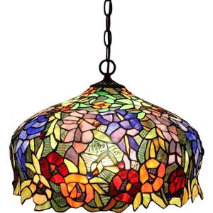 FUMAT Tiffany Pendant Light Rose Flower Stained Glass Hanglamp 16 Inch Wide Shade Chandelier Hanging Lights Fixture 110V Ceiling Pendant Lamp 2PCS LED Bulb Included