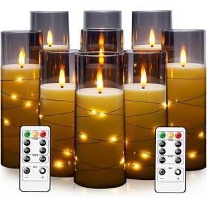 kakoya Flameless LED Candles with Timer 9 Pc Flickering Flameless Candles for Romantic Ambiance and Home Decoration Stable Acrylic Shell, with Embedded Star String Battery Operated Candles Grey