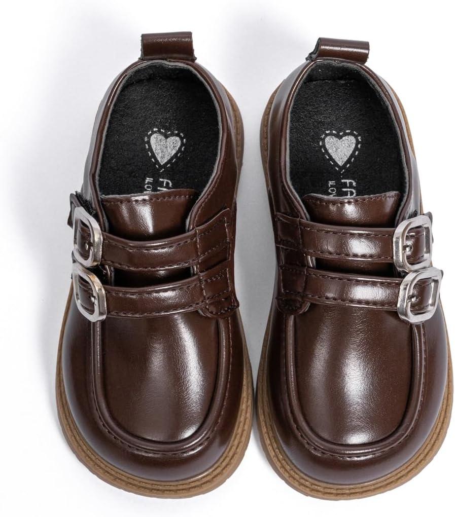 ISINSER Toddler Boys Girls Classic Dress Shoes Little Kid PU Leather Comfort Rubble Sole Oxford School Uniform Wedding Flats (04 Brown)