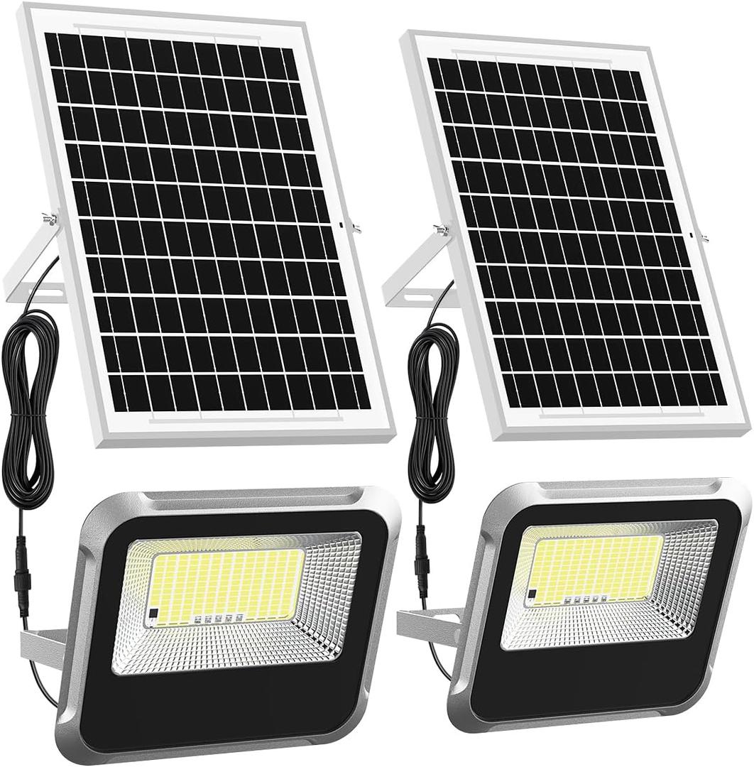 Engrepo Solar Light Outdoor, 10000mAh Luces Solares Solar Powered Security Flood Light Outside 3000LM IP65 Waterproof Dusk to Dawn with Remote Control and 8.2 ft Cable for Yard, Shed, Barn 2 Pack