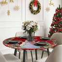 Christmas Snowman Round Table Cloth Fitted Tablecloth,XMAS Tree Wreath Red Table Cover with Elastic Edge Waterproof Table Cloth,Pine Cone Light Ball Circle Table Covers for Kitchen Indoor 45-54in