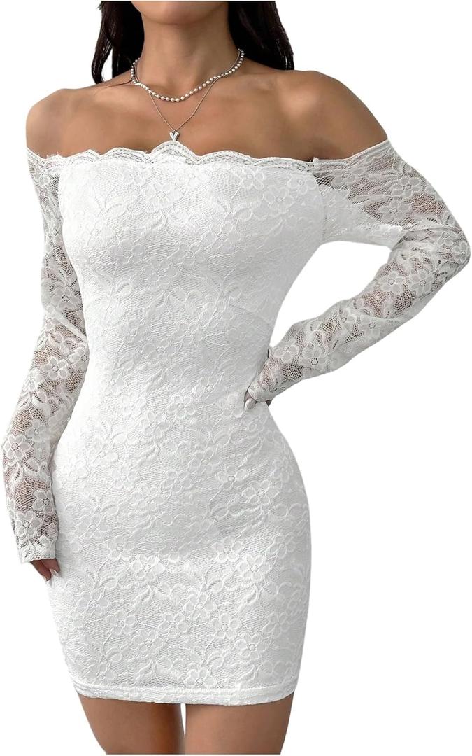 Milumia Women's Lace Long Sleeve Mini Dress Sexy Off The Shoulder Bodycon Birthday Party Going Out Dresses (Large, White)