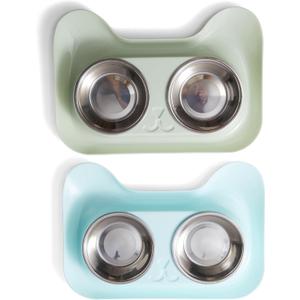 Cat Food Ant Barrier Bowl Tray, 2-Pack Two Colors Ant Proof Cat Food Bowls with Water Moat Design, 304 Stainless Inserts, 360 Bowl Stand Feeding Station, Easy-Clean Tray, Indoor/Outdoor