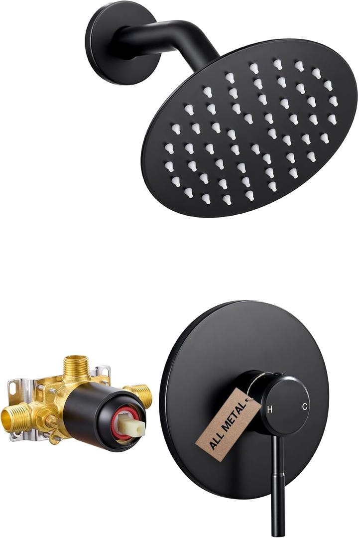 Wintap Shower Faucet Set, Matte Black Shower Head and Handle Set with Pressure Balance Valve, Stainless Steel Shower Faucet, 6 Inch Single Handle Control Shower Valve and Trim Kit (WT-3317BK)