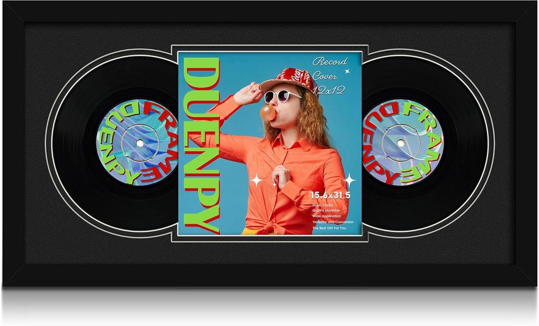 DUENPY Vinyl Record Display Frame 15.6x31.5 Inches Display Record Album and 12.5x12.5 Album Cover Art Wall Mount Double Black Mat