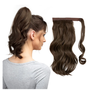 14" Short Ponytail Hair Extension Wrap Around Pony Tail Clip in Curly Wavy Synthetic Fake Hairpiece for Women Medium Brown