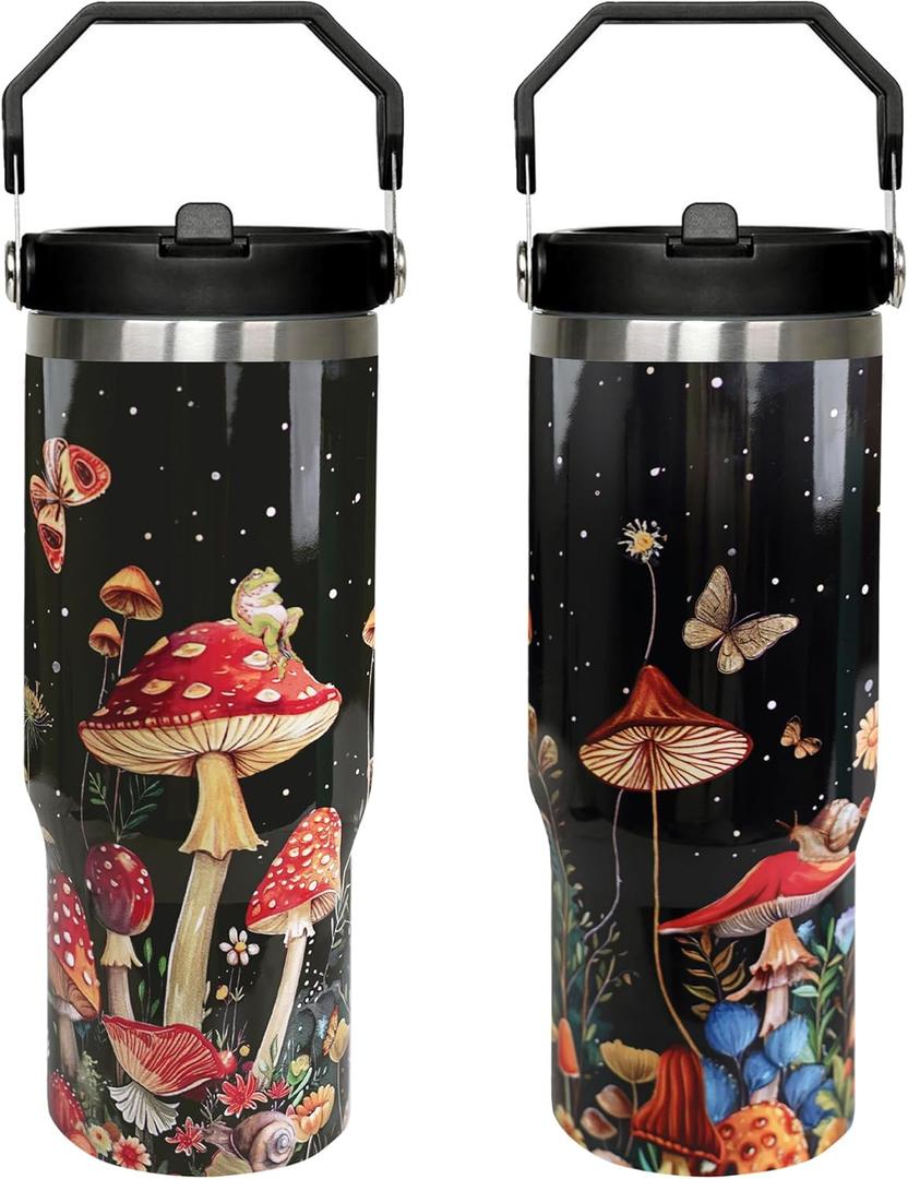 30oz Mushroom Tumbler with Handle and Straw, Mushroom Insulated Leak Proof Travel Coffee Mug, Reusable Stainless Steel Tumbler for Mushroom Lovers, Mushroom Gifts for Women (black red)