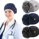3 Pieces Bouffant Cap with Buttons Elastic Soft Flower Stretch Head Wraps for Nurses (One Size, Black, Gray, Navy Blue)