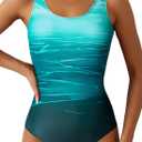 Aleumdr Womens Color Block Print One Piece Swimsuits Athletic Training Swimwear Bathing Suits (Blue, M)