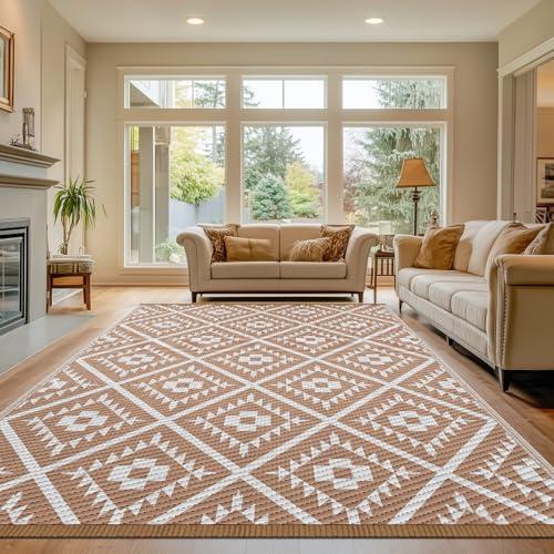 COOLTOP 9'x12’ Outdoor Rug for Patios Porches, Waterproof Plastic Camping Rugs, Modern Reversible Mat, Large Area Rugs for Backyard, Deck, RV, Balcony, Picnic, Beach, Khaki & White