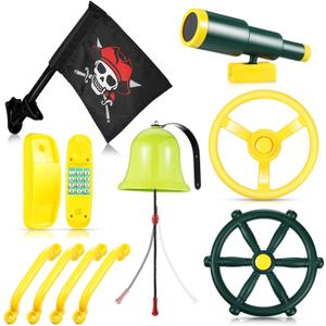 Swing Set Accessories Outdoor Playground Accessories Backyard Playground Equipment with Telephone, Ship Wheel, Telescope, Bell, Safety Handle Bars, Pirate Flag for Playhouse (Yellow, Green)