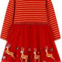 Bumeex Girl's Long Sleeve Dresses Cotton Christmas Cute Embroidery Applique Swing A-Line Casual Tunic Playwear 2-13 Years (Red)