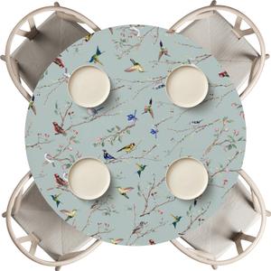 Horaldaily Spring Fitted Tablecloth 45"-56" Round, Spring Colorful Birds Branch Green Washable Table Cover Elastic Edged for Dinning, Picnic, Camping, Banquet