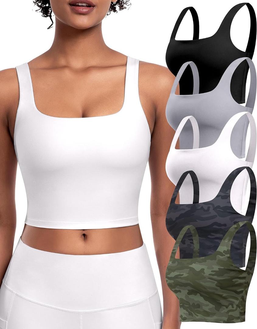 Womens Sports Bras 5 Packs - Square Neck Longline Workout Crop Tank Tops Padded Yoga Camisole with Built in Pads, Medium