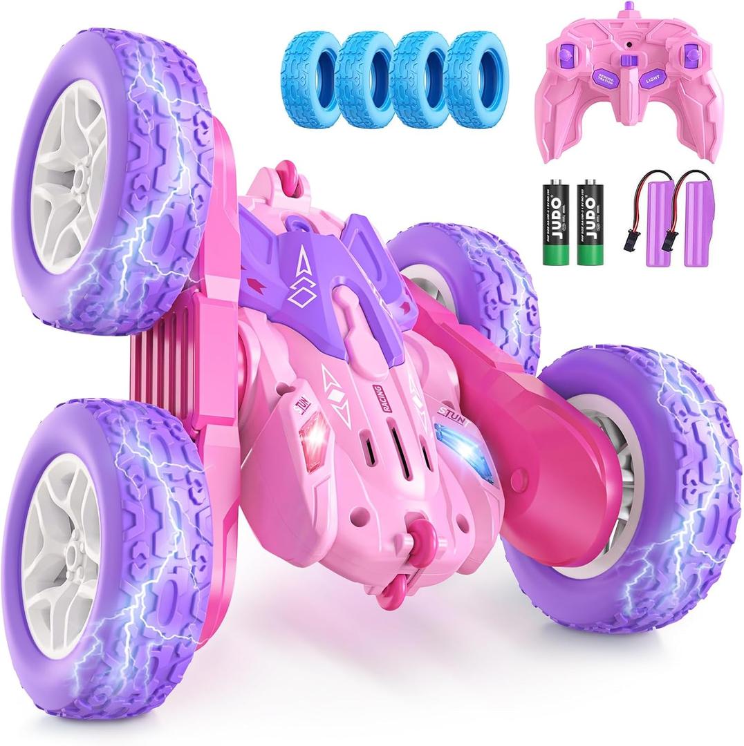 Remote Control Cars for Girls, 2.4GHz RC Stunt Car with 360 Flips & Double Sided Driving, Changeable Wheels, LED Headlights, Birthday Gift for 5-12 Year Old Girls (Pink)