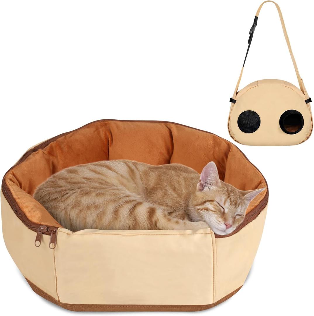 2-in-1 Convertible Pet Sling Carrier & Bed - with Breathable Mesh, Adjustable Strap & Pocketfor Travel, Vet Visit & Home Use, Up to 22lbs (khaki)