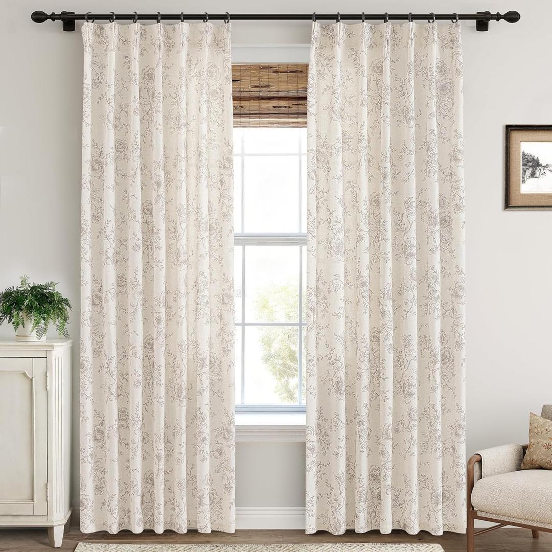 Pinch Pleated Floral Linen Curtains 96 inch Long Coffee and Cream Memory Trained Curtain Light Filtering Living Room Farmhouse Flower Pattern Printed Pinch Pleat Drapes with Hooks 2 Panels 40W x 96"L