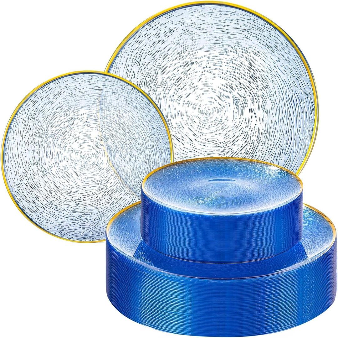 Liacere 60Pcs Blue Plastic Plates - Blue Disposable Plates With Gold Rim, Heavy-duty Gold Plates,Water ripples Party Plates Include 30 Dessert-Platos,30 Dinner-Platos for party & Graduation Spring, 10.25inch