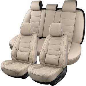 Beige Leather Car Seat Covers Full Set Breathable Seat Protectors Waterproof Automotive Seat Covers Universal Fit for Most Cars SUVs Trucks Vehicles
