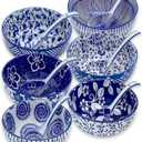 Japanese Ceramic Bowls Set of 6, 28 Oz Large Asian Porcalain Ramen Soup Salad Cereal Noodle Bowl with 6 Spoons, Deep Bowl for Kitchen Decor and Housewarming Gift, Dishwasher & Microwave Safe