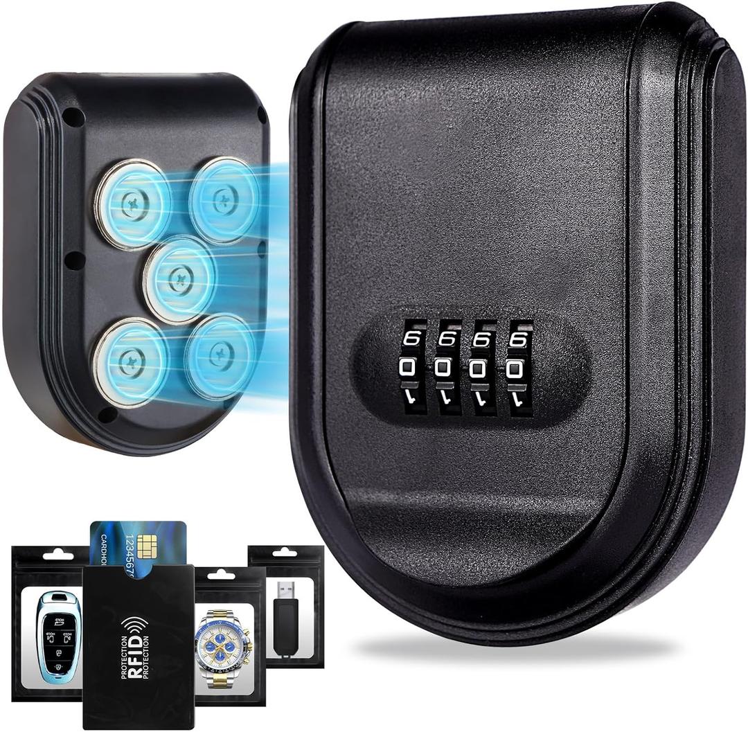 Magnetic Key Box for Under Car, Waterproof Outdoor Magnetic Key Holder with 5 Strong Magnets and Resettable Combination Lock for Vehicle or Home Use