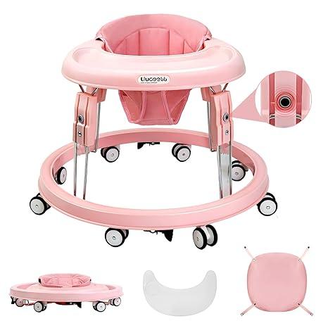 aby Walker with Wheels, One-Touch Folding Baby Walkers, 7-Speed Height Adjustment with Large Dinner Plate, Anti-Roll 8-Wheel with Brake for 6-18 Months Baby, Full Pink