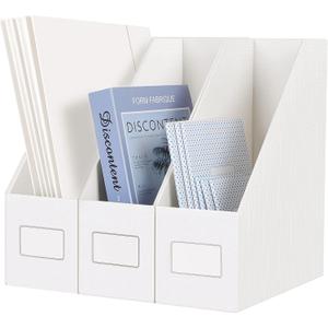 JiaWei White Magazine File Holders, 3 Packs Sturdy Cardboard File Rack, Office Organization Desktop Storage File Box Binder for Shelves and Desk, Folder Holder for Office or Classroom