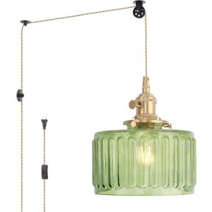 Plug in Pendant Light Hanging Light Fixture Corded On/Off Switch Brass Pendant Light with Green Striped Glass Lampshade for Bedroom Living Room Kitchen Island (Plugin 1 pack)