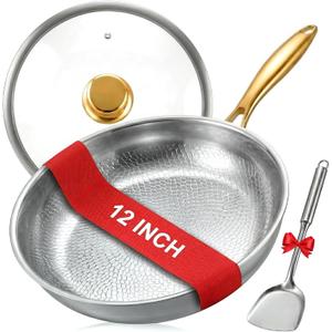 12" Titanium Pans for Cooking | Food-Grade Pure Titanium Frying Pan Pro with Lid & Spatula | PFAS/PFOA/PTFE Free Nonstick Cookware | Dishwasher & Oven Safe, Kitchen Induction Compatible